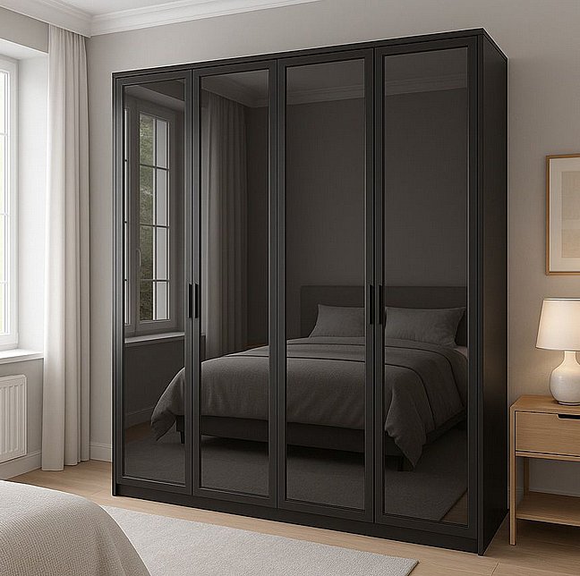 ארון 4 דלתות דגם אליה - דלתות זכוכית שקופות ופרזול שחור ארון 4 דלתות דגם אליה - דלתות זכוכית שקופות ופרזול שחור